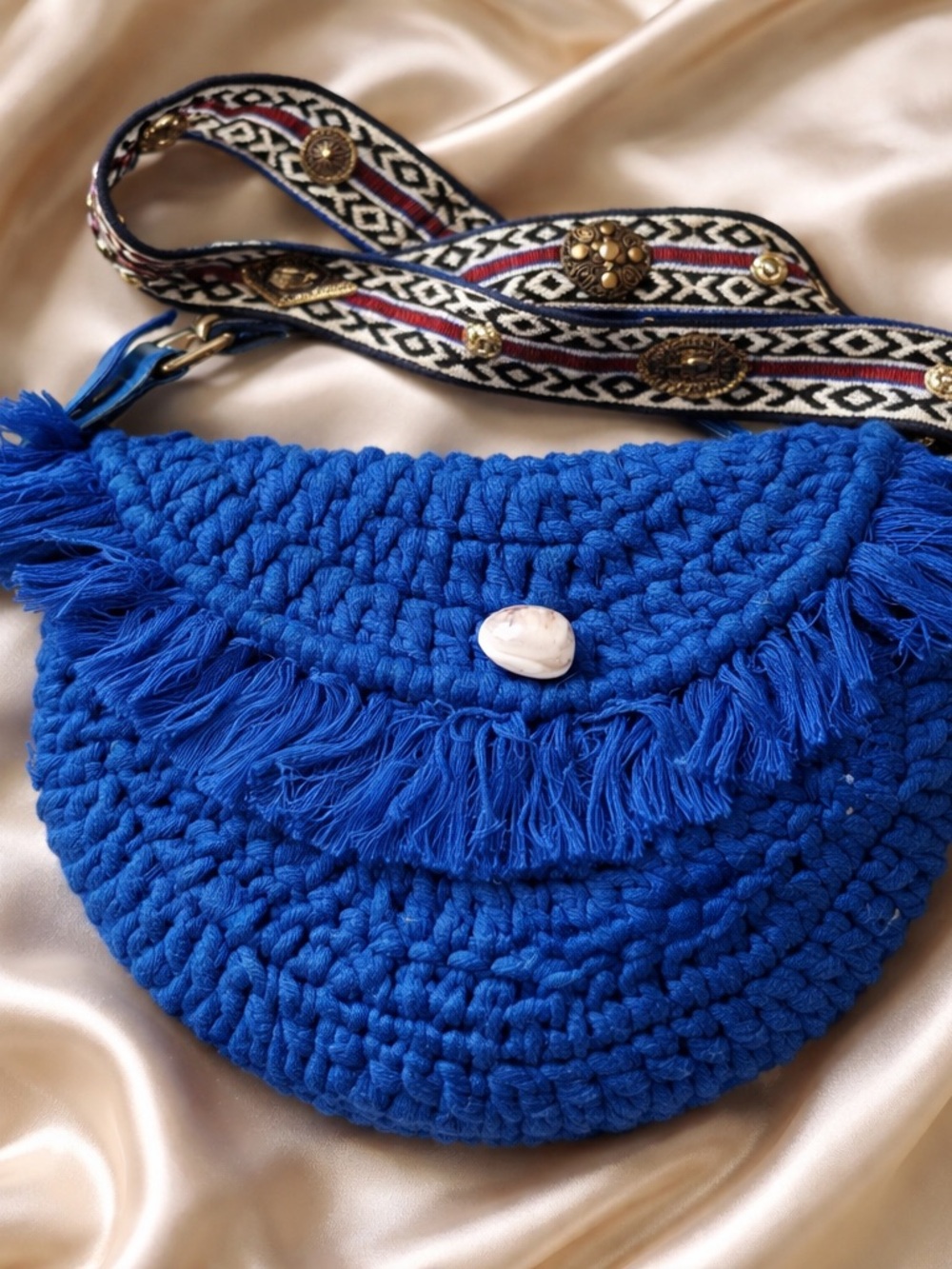 Free People  Royal Blue Crochet Crossbody Bag with Tassel Detail
